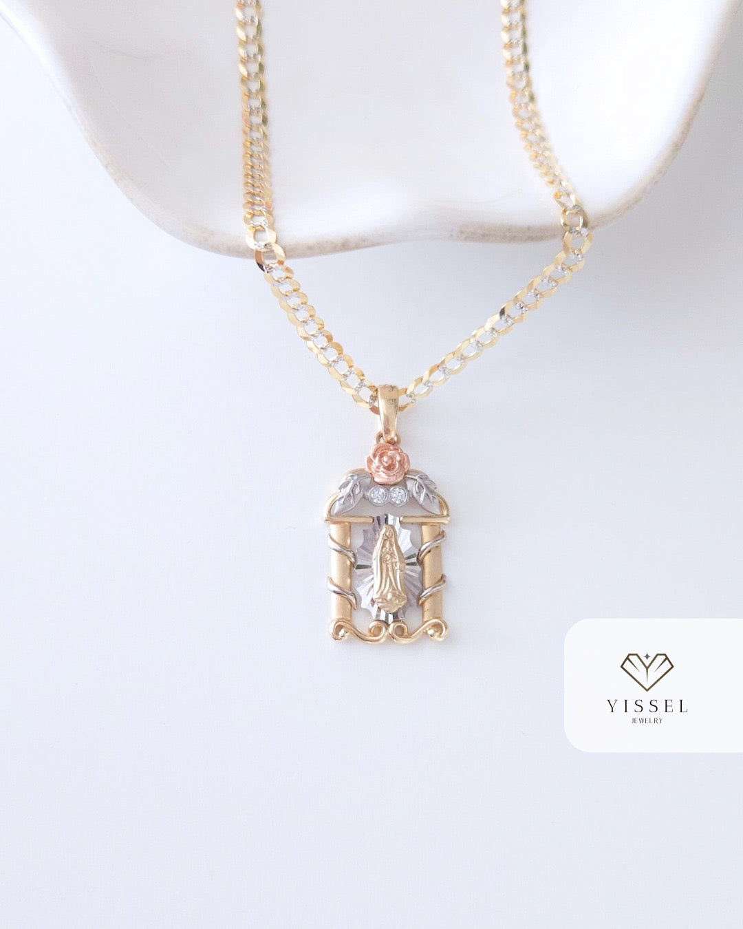 14K Real Gold Cuban Link Chain with Guadalupe Pendant