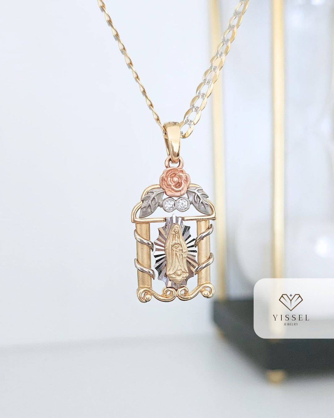 14K Real Gold Cuban Link Chain with Guadalupe Pendant