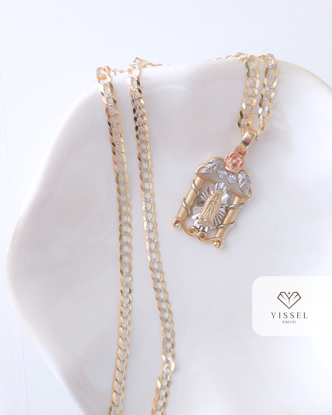 14K Real Gold Cuban Link Chain with Guadalupe Pendant