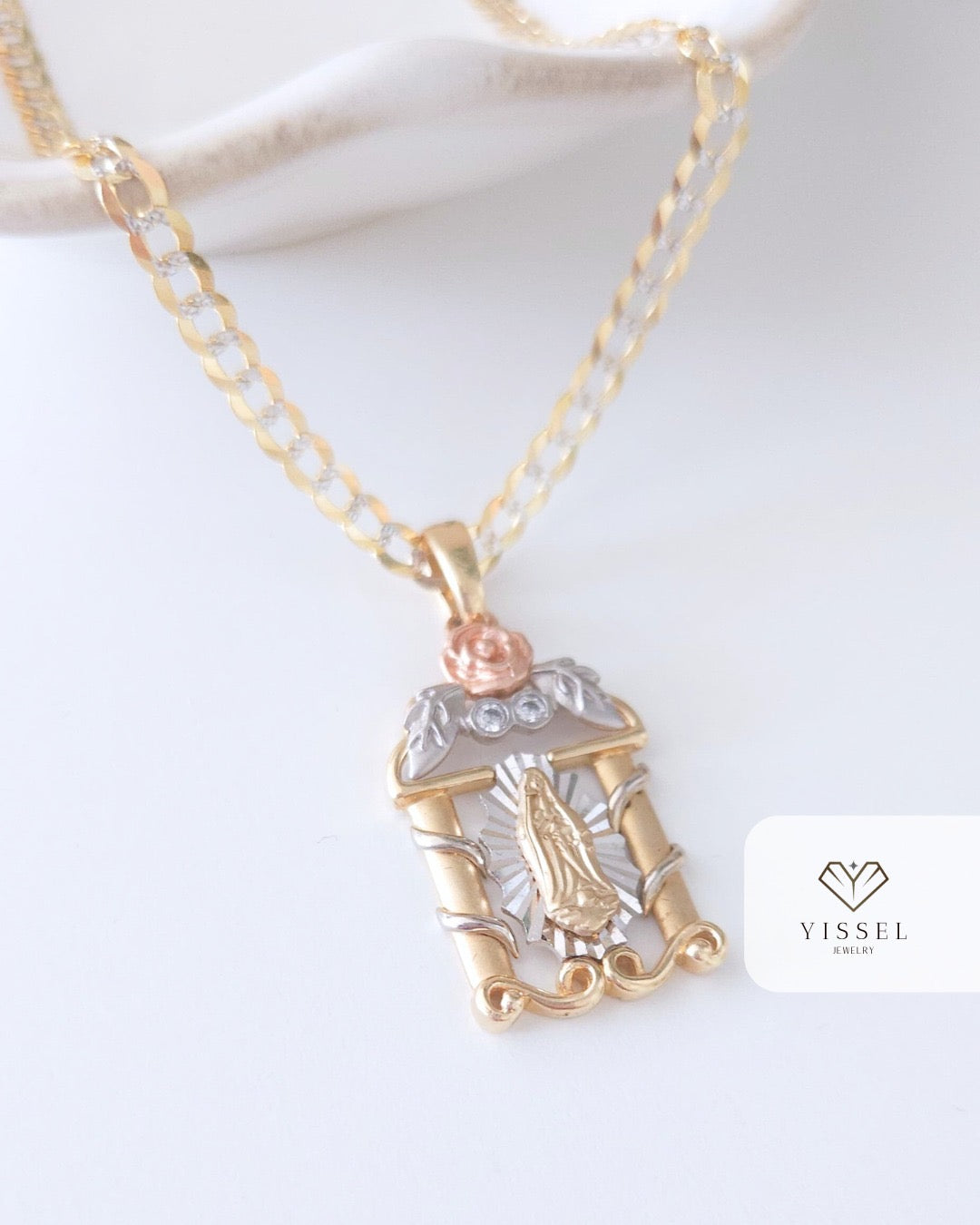 14K Real Gold Cuban Link Chain with Guadalupe Pendant