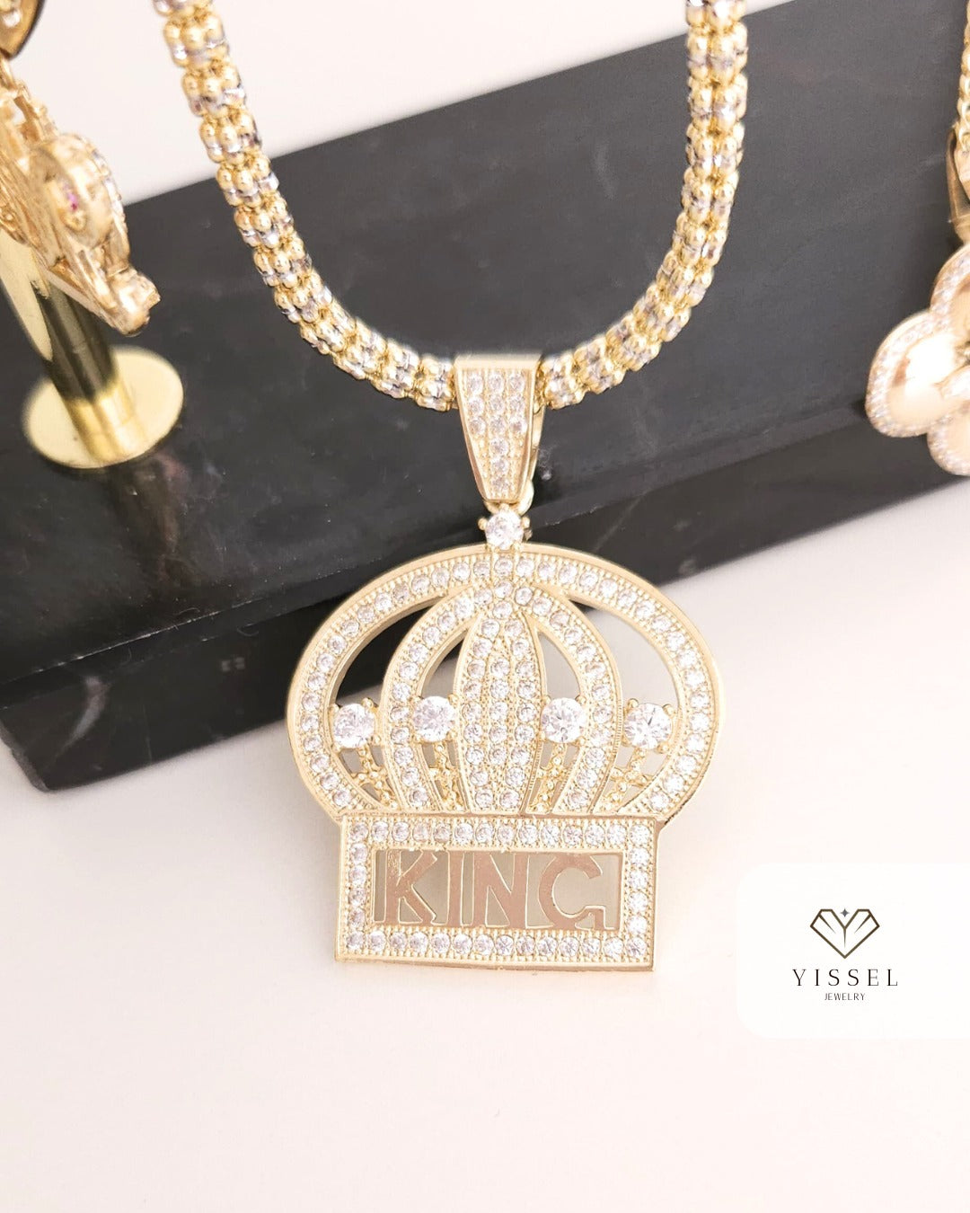 14k Yellow Gold Ice Chain wt/ Crown Pendant