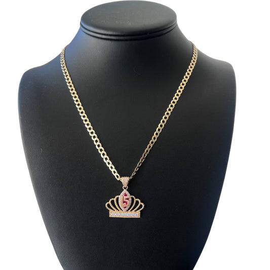 14k Solid Cuban chain wt Sweet 15 Quinceañera Crown Pendant