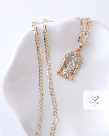 14K Real Gold Cuban Link Chain with Guadalupe Pendant