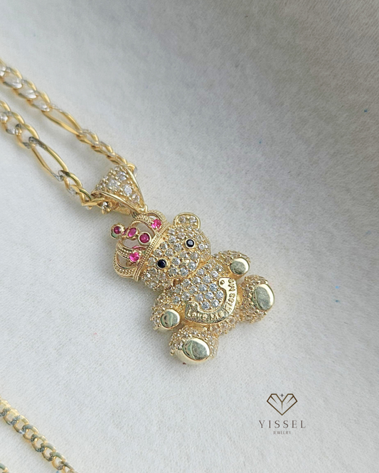 NEW~14k Fígaro Chain Solid Wt Crown Teddy Bear Pendant (20”inches)